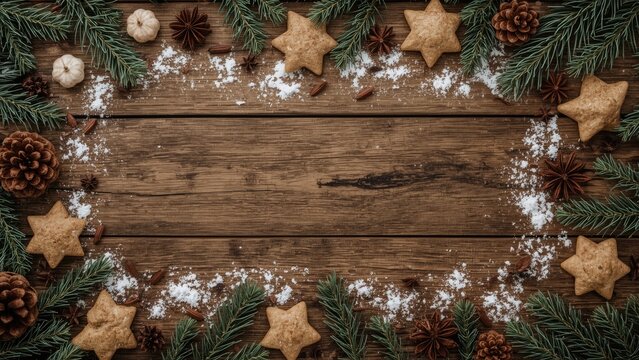 Holiday festive scene with pine branches, star and round cookies, cinnamon sticks, pinecones, and snowflakes arranged on a wooden surface. Christmas and holiday baking theme.
