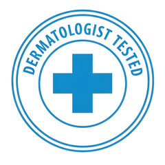 Obraz premium Dermatologist Tested blue stamp vector, medical cross icon for skincare products, isolated on transparent background 