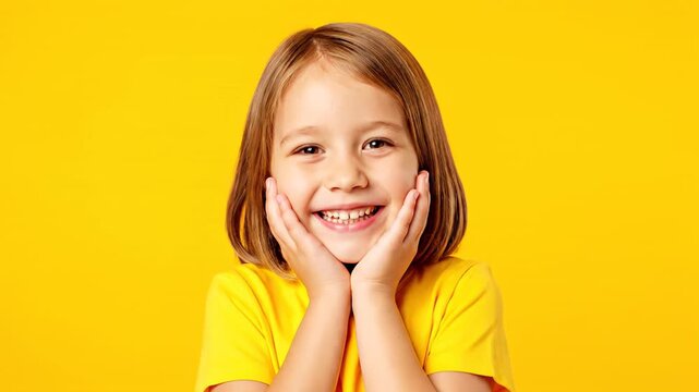 Happy young girl with a cute pixie cut grinning and goofing around. Charming kid in a sunny yellow top displaying a range of expressions
