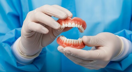 Professional Dentist Hands Wearing Protective Surgical Gloves Holding A Complete Full Set Of Upper And Lower Dentures Against A Bright Blue Medical Background Demonstrating Prosthodontic Sol