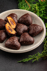 Gingerbread chocolate heart shaped honey cakes Christmas sweet dessert new year natural product tasty snack fresh delicious gourmet food background on the table rustic top view copy space