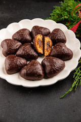 Gingerbread chocolate heart shaped honey cakes Christmas sweet dessert new year natural product tasty snack fresh delicious gourmet food background on the table rustic top view copy space