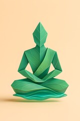 Green origami buddha in meditation pose on a light background