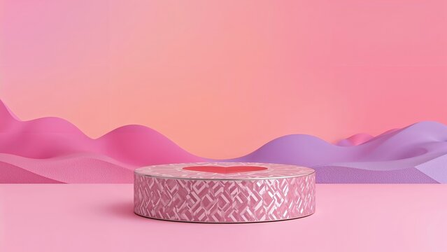 A pink and purple abstract landscape with a patterned cylindrical podium in the foreground.