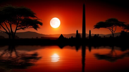 Sunset Reflection Over Historical Landmarks and Serene Water Landscape