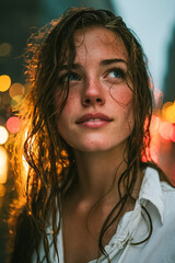 Young woman with wet hair and freckles in a vibrant city night