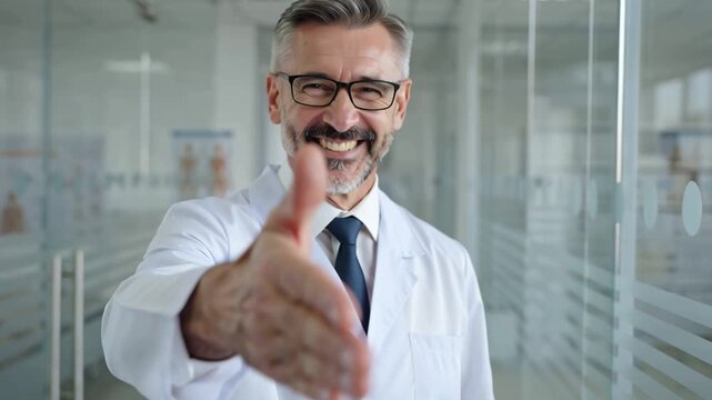 Positive male doctor extends his hand for a handshake against the backdrop of the clinic