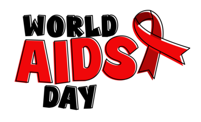 Red and black World aids Day text typography, Calligraphy Lettering inscription, red ribbon awareness symbol sign clipart Illustration on transparent background, aids awareness element isolated