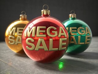 Christmas ornaments announcing a mega sale event