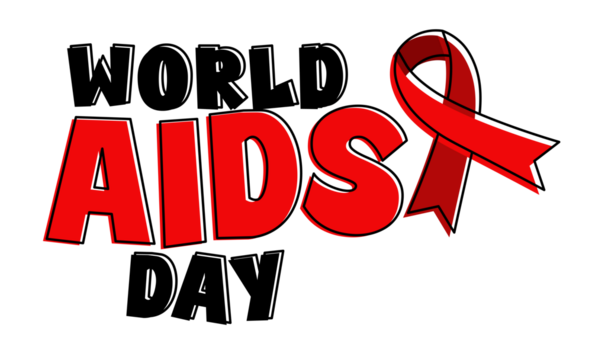 Red and black World aids Day text typography, Calligraphy Lettering inscription, red ribbon awareness symbol sign clipart Illustration on transparent background, aids awareness element isolated 