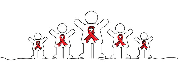 five person with ribbon inside for aids hiv blood cancer awareness campaign One continuous line drawing for Poster, banner, background with lettering copyspace, cancer awareness minimal outline linear