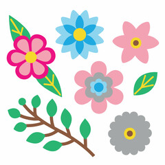 Collection of colorful cartoon flowers and green leaves on a white background.