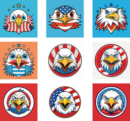 Obraz premium set of funny cartoon animals, set of colorful birds with flags,American flag, USA flag, USA icons set, USA symbols, american flag set