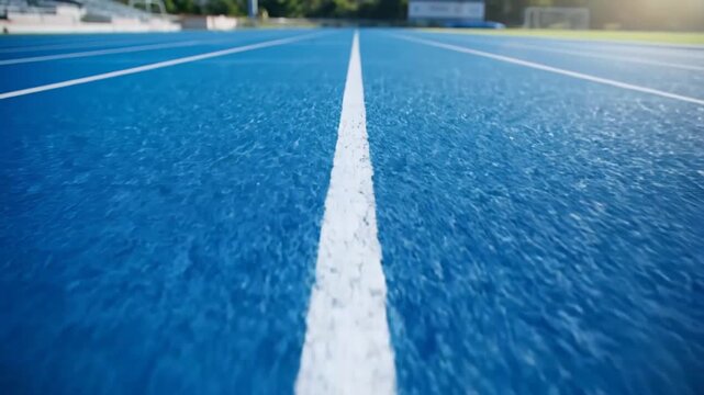 Close up perspective of a white lane line on a vibrant blue running track. Symbolizing competitiveness, practice, and athletic inspiration
