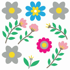 Collection of colorful cartoon flowers and green leaves on a white background.