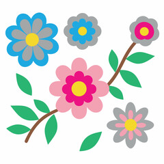 Collection of colorful cartoon flowers and green leaves on a white background.