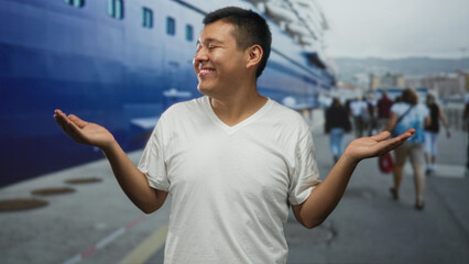 Man smiling with open palms and shrugged shoulders on a street by a docked ship; casual travel contentment.