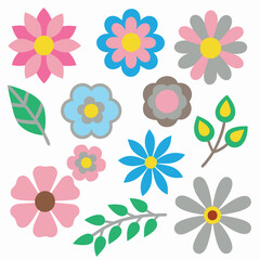 Collection of colorful cartoon flowers and green leaves on a white background.