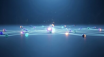 Abstract depiction of interconnected colorful spheres linked by glowing lines, suggesting a network or data flow on a dark blue background.