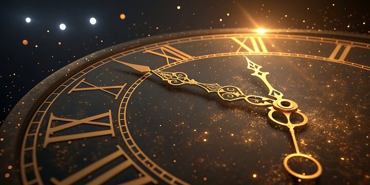 Golden clock hands approach midnight on starry night