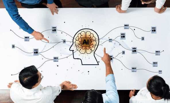 A diverse group of professionals engages in a lively discussion about artificial intelligence, surrounded by tech devices and a brain graphic, emphasizing innovation and collaboration. Trope