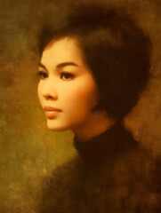 Elegant Asian Woman Profile Portrait in Vintage Style