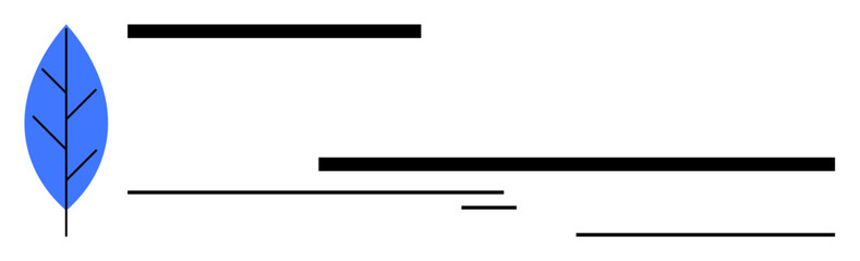 Blue leaf with defined veins beside horizontal lines of varying thickness and lengths. Ideal for themes of nature, growth, balance, minimalism, harmony, sustainability, and creativity. Simple flat