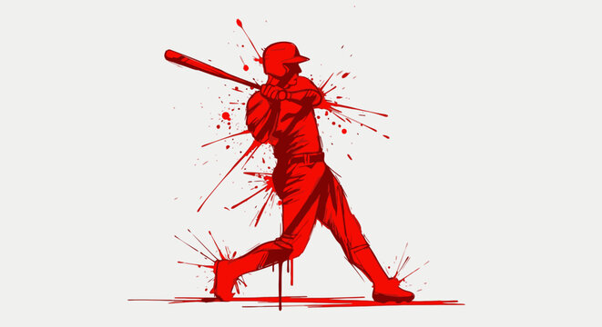 A dynamic red silhouette of a baseball player mid-swing, with paint splatters creating a sense of explosive action.