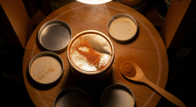 Aromatic Ground Spice Powder on Wooden Spoon and Metal Tin
A high-angle, close-up photograph featuring an open round metal spice tin placed on a wooden turntable or lazy Susan
- Powered by Adobe