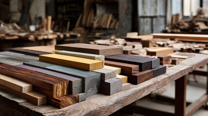 Variety of wooden planks and slabs displayed on rustic workbench in carpentry workshop. Rich textures and warm tones showcase craftsmanship