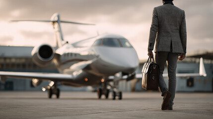 Businessman in gray suit walks purposefully toward private jet on tarmac, briefcase in hand. Concept of luxury travel and success