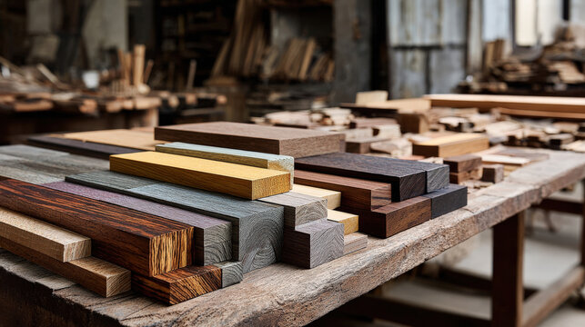 Variety of wooden planks and slabs displayed on rustic workbench in carpentry workshop. Rich textures and warm tones showcase craftsmanship
