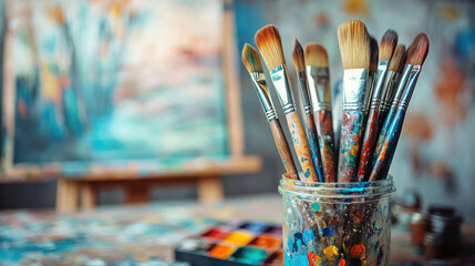 Fototapeta premium jar with paint and brushes on a colored artistic background, art, creative, gouache, oil, acrylic, watercolor, strokes, stains, illustration, wall, table, studio, artist’s workshop