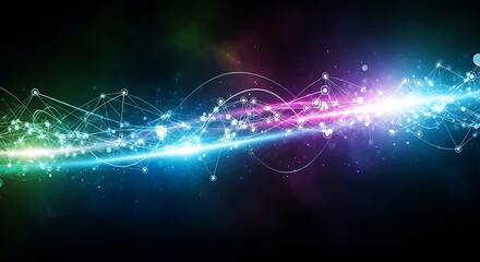 An abstract digital art piece featuring a vibrant stream of light and connected dots against a dark background, evoking a sense of technology and connectivity.