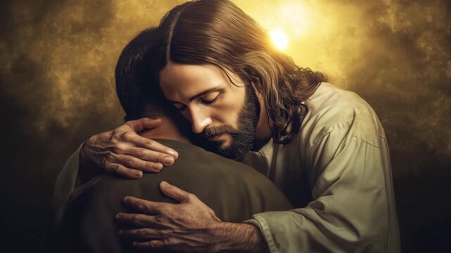 Jesus Christ embraces a man, conveying deep emotion and connection in a tranquil, illuminated atmosphere