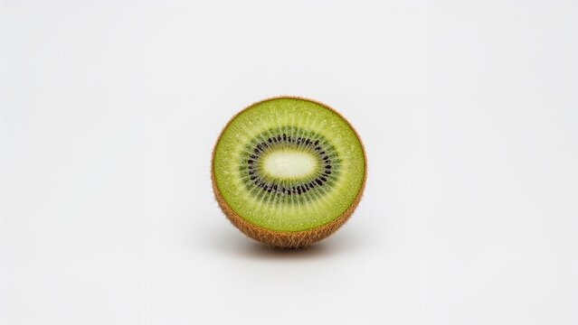 A fresh kiwi fruit, sliced open to reveal its green interior with black seeds against a plain white background.