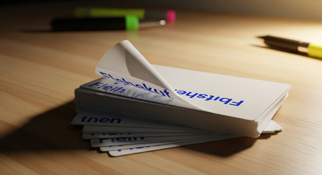 Stack of White Flashcards on Wood Desk with One Card Turning
A close-up, low-angle shot of a neat stack of white flashcards or index cards, featuring blue, placeholder text