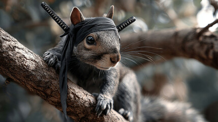 Obraz premium Squirrel dressed as samurai, wearing black mask and holding miniature swords, perches on tree branch. Concept of whimsical adventure and playful fantasy