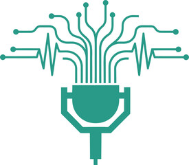 Futuristic digital brain connection icon symbolizing artificial intelligence neural network and data flow isolated on white background