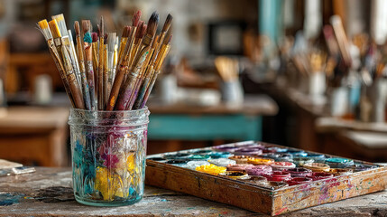 Fototapeta premium jar with paint and brushes on a colored artistic background, art, creative, gouache, oil, acrylic, watercolor, strokes, stains, illustration, wall, table, studio, artist’s workshop