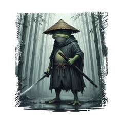 A fierce frog samurai standing in a rainy bamboo forest, holding a katana. A unique mix of Japanese warrior aesthetics and amphibian character art