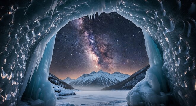 Starry Night Sky Over Snowy Mountains Viewed from Within an Ice Cave