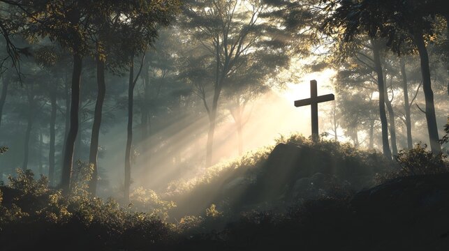 Serene Forest Cross with Golden Sunbeams