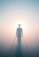 Fototapeta premium Minimalist emotional scene of a human silhouette walking toward soft light, blurred edges, pastel tones, atmospheric haze, symbolizing fragile and ephemeral existence, editorial photography style, cle