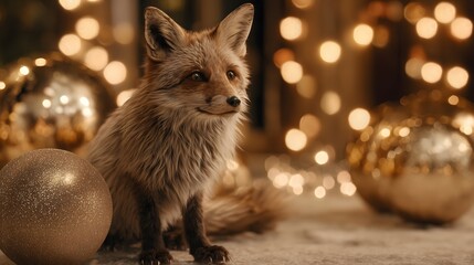 Obraz premium A cute fox sits amongst shimmering holiday ornaments and bokeh lights, creating a magical and festiv