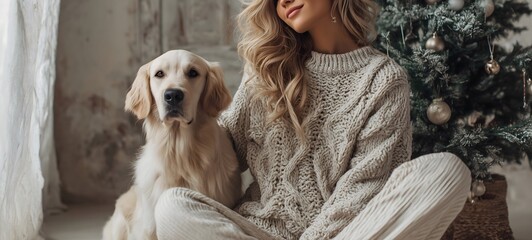 Woman and Golden Retriever by Christmas Tree