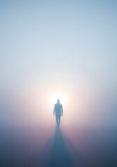 Obraz premium Minimalist emotional scene of a human silhouette walking toward soft light, blurred edges, pastel tones, atmospheric haze, symbolizing fragile and ephemeral existence, editorial photography style, cle