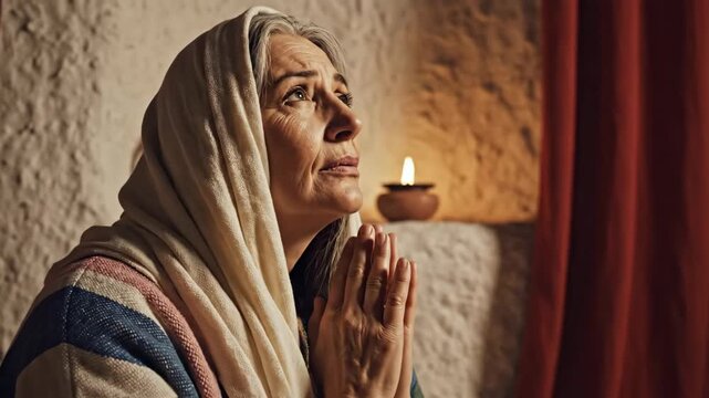 Woman praying with folded hands, representing biblical devotion and spiritual reflection with hope.