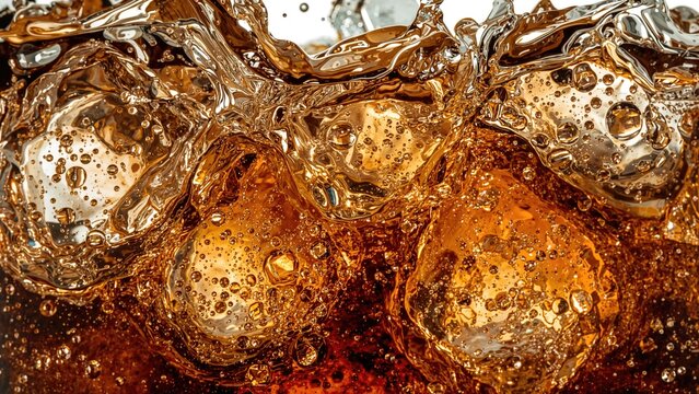 Fizzy Coca-Cola with ice cubes, close-up, carbonated soft drink, refreshing beverage, fizzy drink, splash, and bubbles.