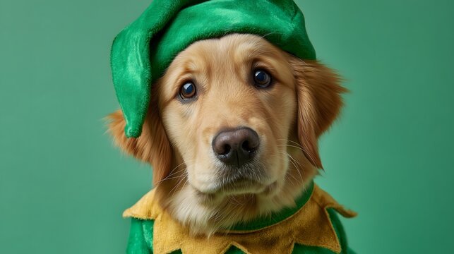 Adorable Golden Retriever Puppy in Green Elf Costume